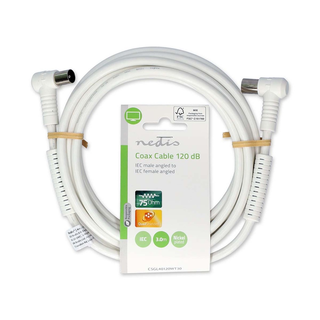 Nedis CSGL40120WT30 Coaxkabel Vernikkeld 120 dB 75 Ohm Viervoudig Afgeschermd 3m Wit 