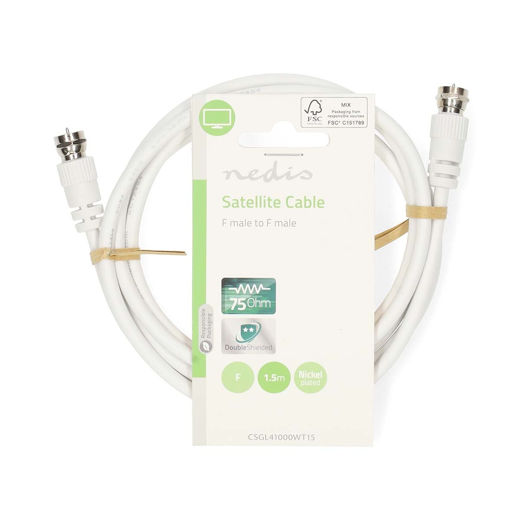 Nedis CSGL41000WT15 Coax-kabel F Vernikkeld 75 Ohm Dubbel Afgeschermd 1.5m Wit 