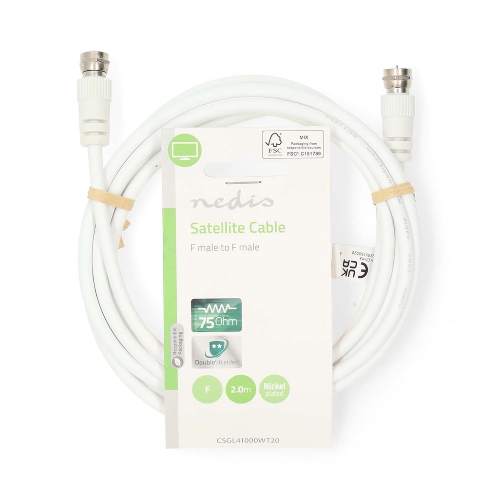 Nedis CSGL41000WT20 Coax-kabel F Vernikkeld 75 Ohm Dubbel Afgeschermd 2m Wit 