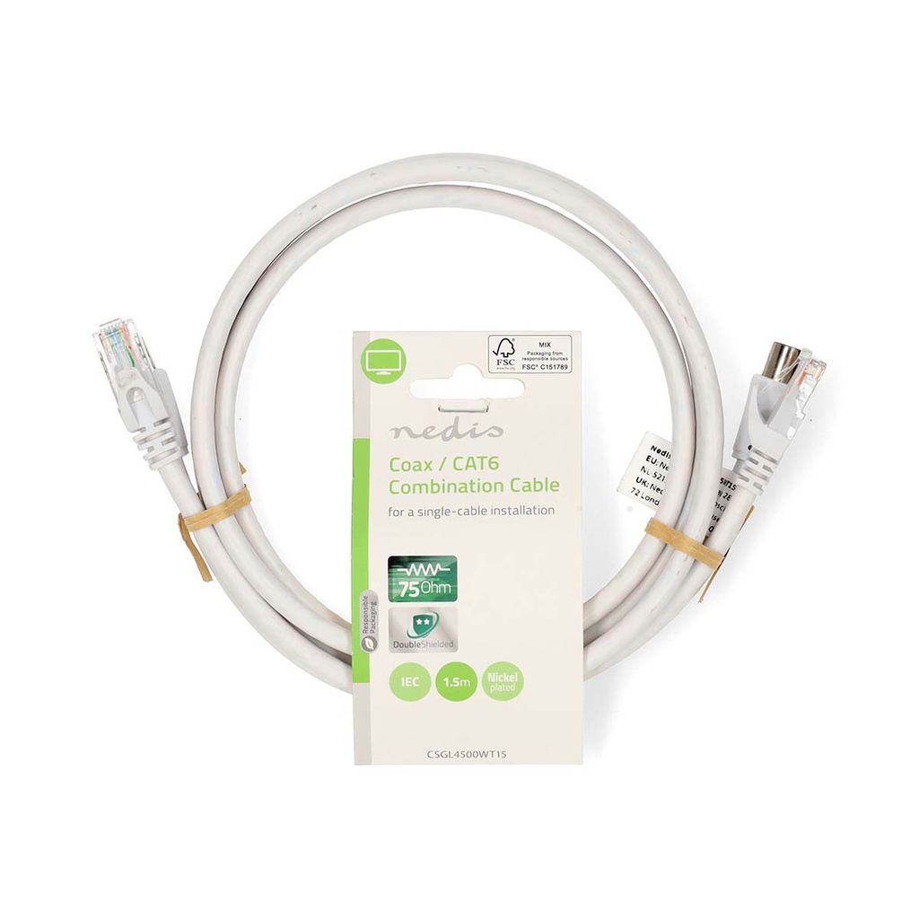 Nedis CSGL4500WT15 Coax- en CAT6-Combikabel Vernikkeld RG58 75 Ohm Dubbel Afgeschermd 1.5m Wit