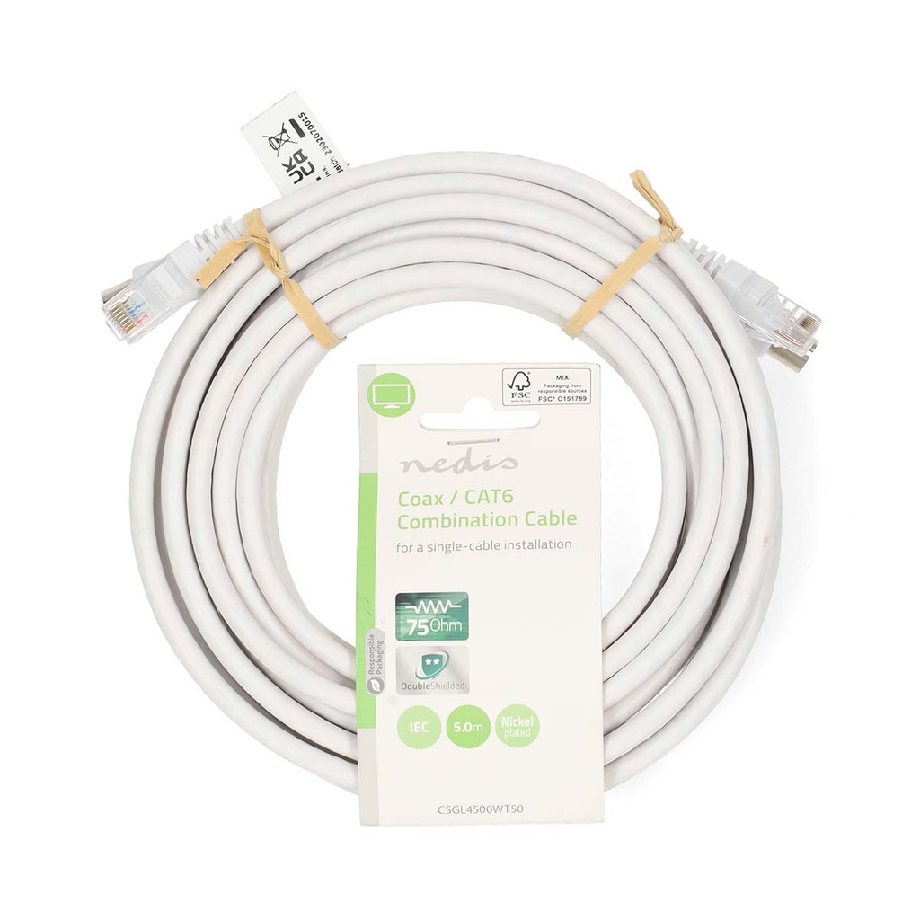Nedis CSGL4500WT50 Coax- en CAT6-Combikabel Vernikkeld RG58 75 Ohm Dubbel Afgeschermd 5m Wit