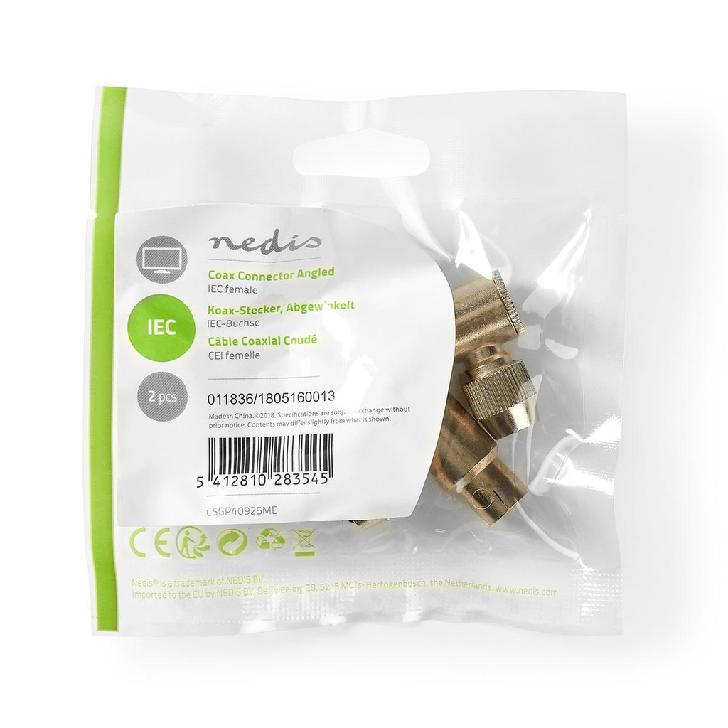 Nedis CSGP40925ME Coax Connector Haaks Vernikkeld 75 Ohm 7.0 mm Maximale diameter Zilver 2 Stuks