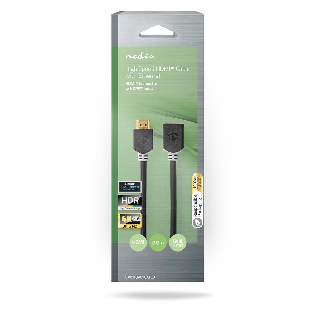 Nedis CVBW34090AT20 ​​HDMI 2.0-Kabel met Ethernet 4K@60Hz ARC 18 Gbps 2m Zwart