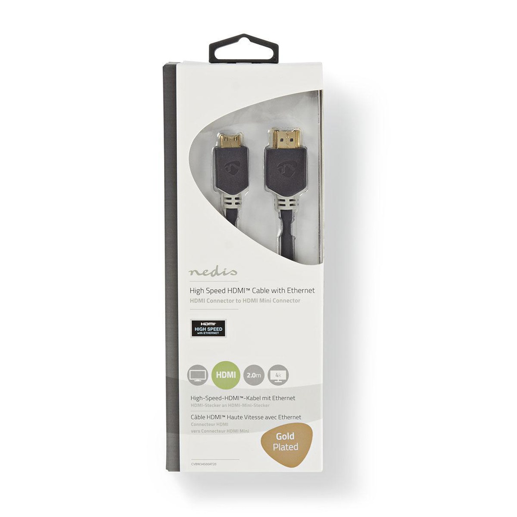 Nedis CVBW34500AT20 HDMI 2.0-Kabel met Ethernet HDMI - Mini-HDMI 4K@60Hz 18 Gbps 2m Zwart