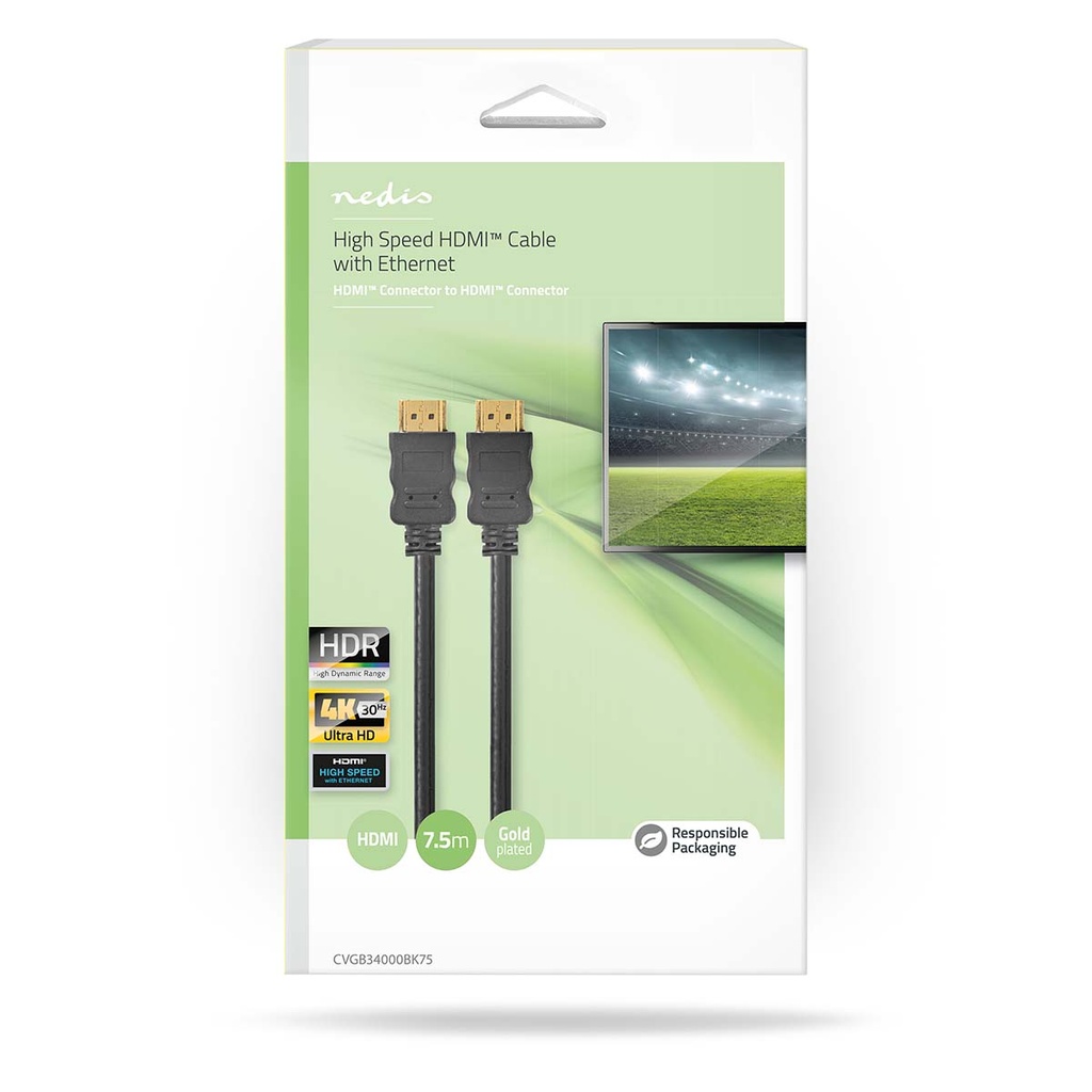 Nedis CVGB34000BK75 ​​HDMI 1.4-Kabel met Ethernet 4K@30Hz ARC 10.2 Gbps 7.5m Zwart 