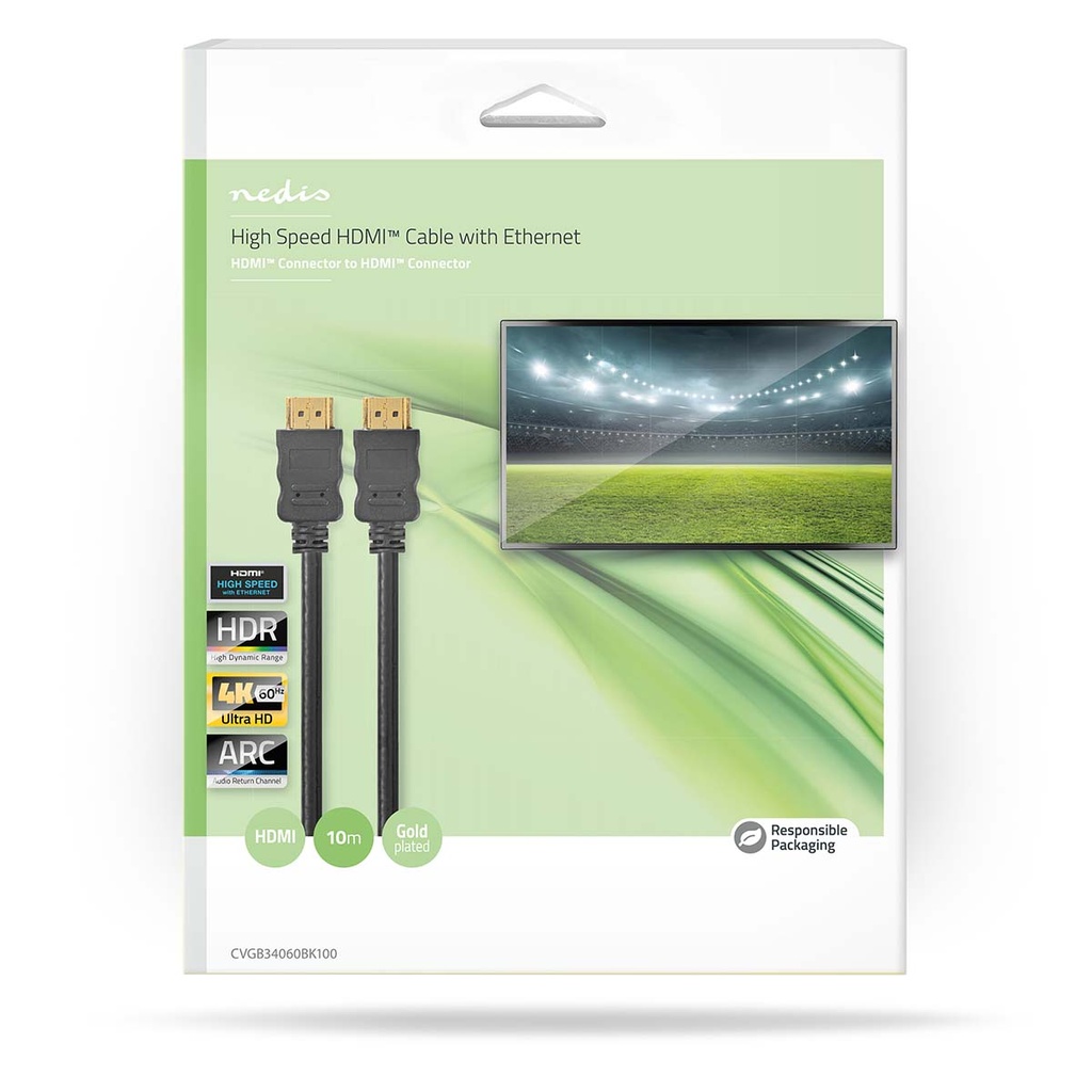 Nedis CVGB34060BK100 High Speed ​​HDMI™-Kabel met Ethernet | HDMI™ Connector | HDMI™ Connector | 4K@60Hz | ARC | 18 Gbps | 10.0 m | Rond | PVC | Zwart | Doos