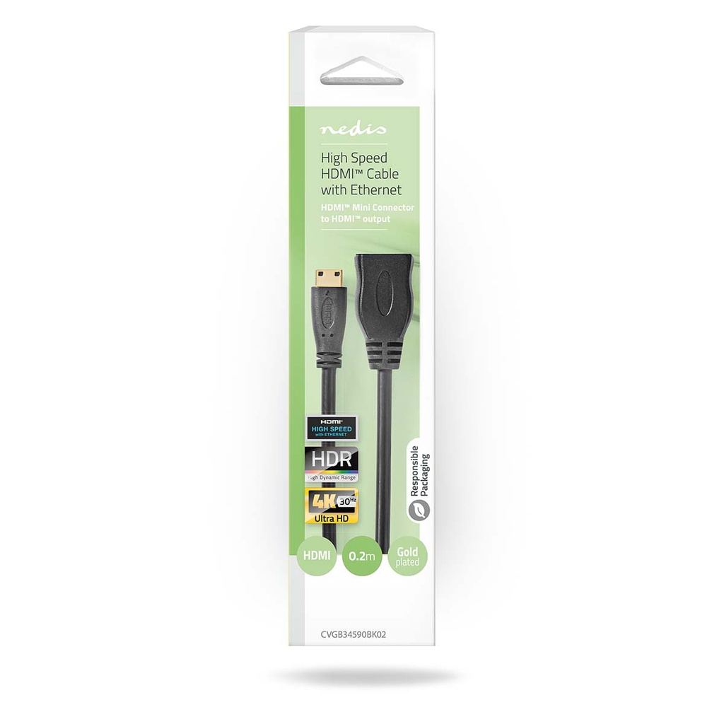 Nedis CVGB34590BK02 ​​HDMI 1.4-Kabel Mini-HDMI - HDMI Vrouwelijk 4K@30Hz 10.2 Gbps 20cm Zwart