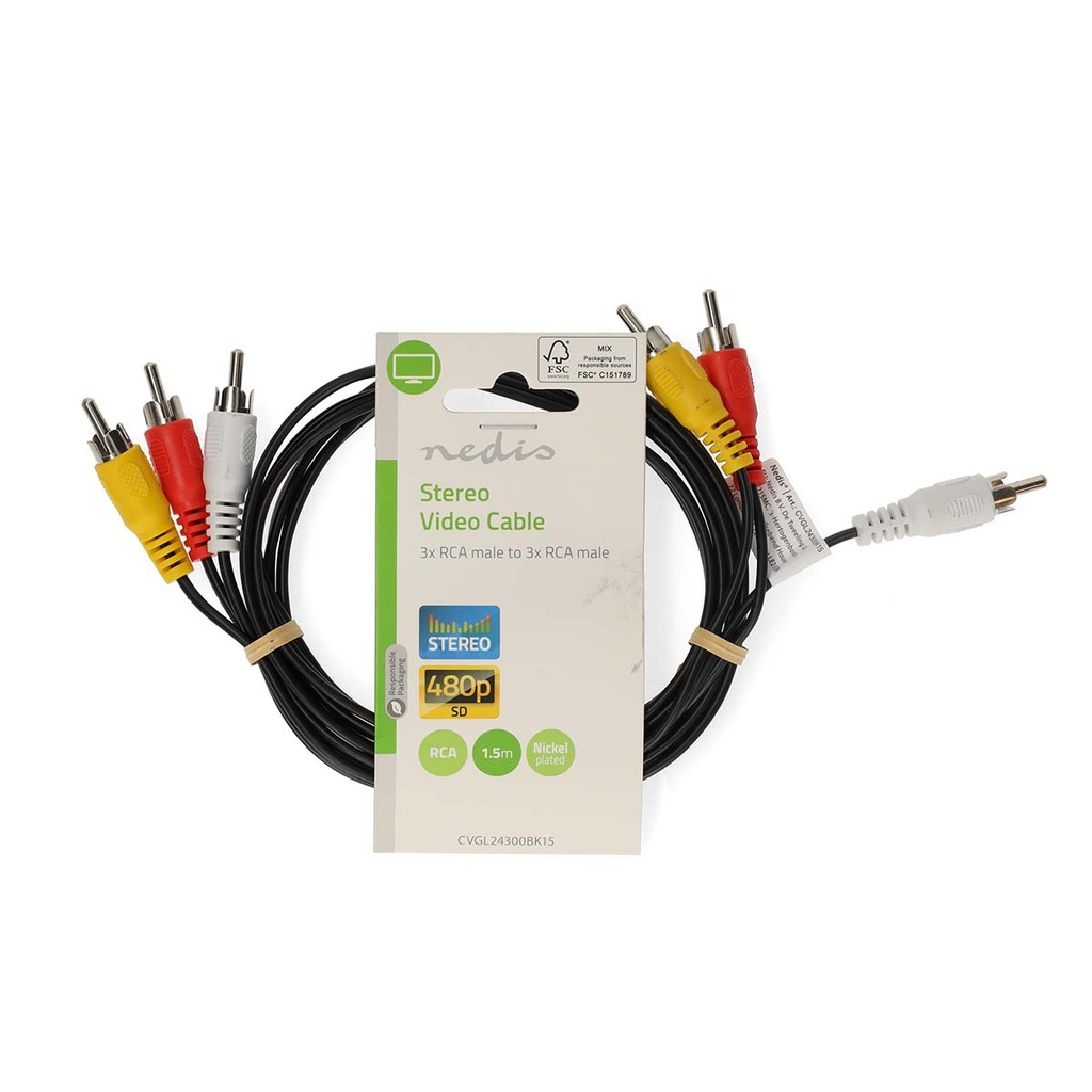 Nedis CVGL24300BK15 Composiet Videokabel 3x RCA Vernikkeld 480p 1.5m Zwart 