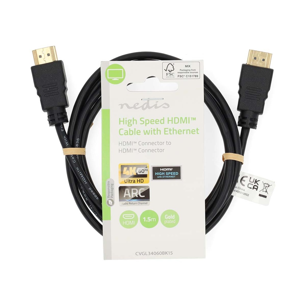 Nedis CVGL34060BK15 HDMI 2.0-Kabel met Ethernet 4K@60Hz ARC 18 Gbps 1.5m Zwart