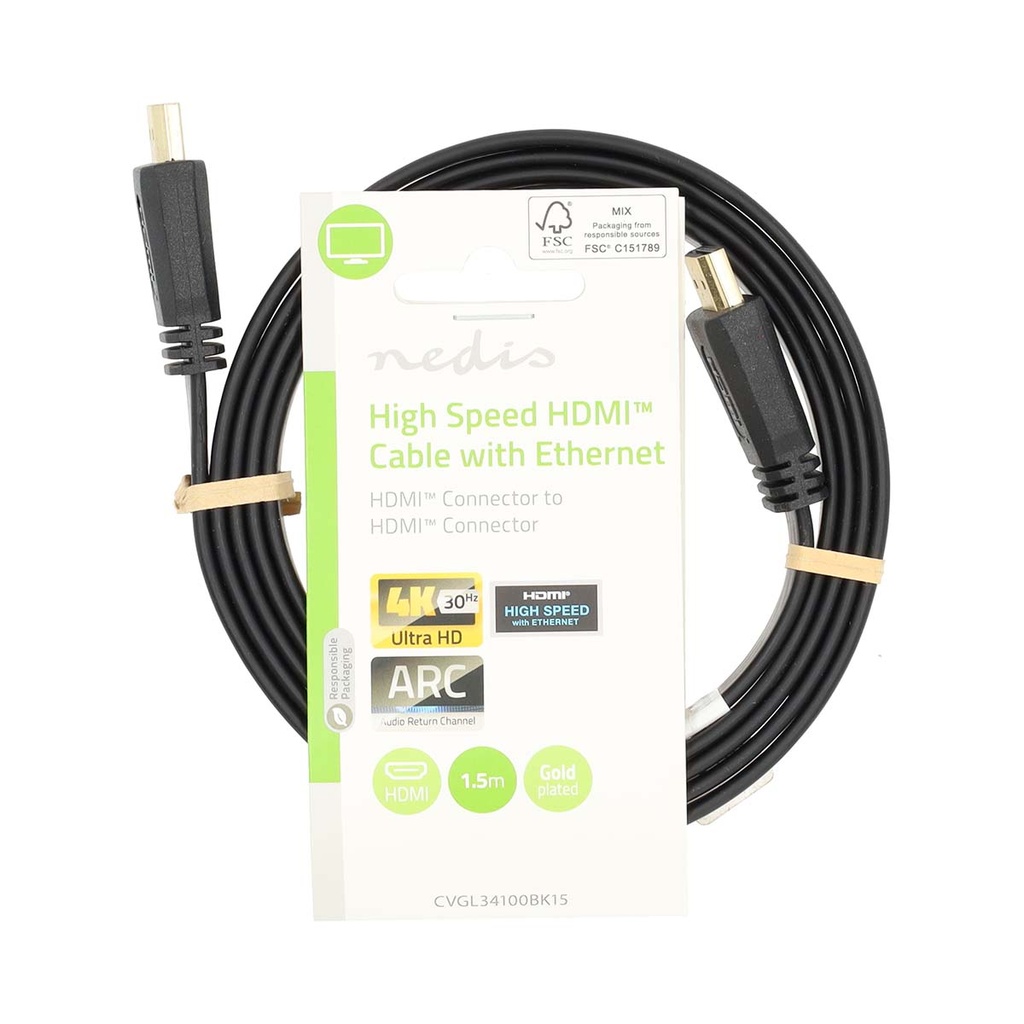 Nedis CVGL34100BK15 HDMI 1.4-Kabel met Ethernet 4K@30Hz 10.2 Gbps 1.5 m Plat Zwart