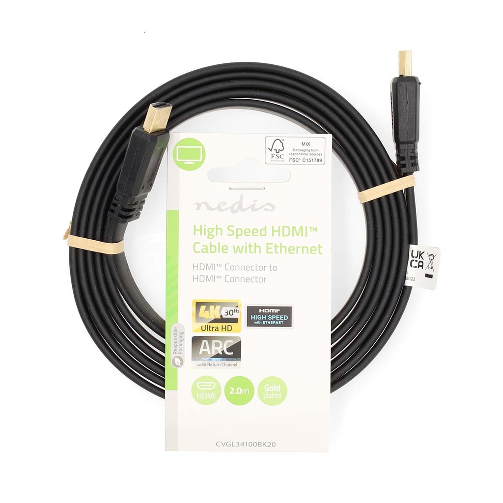 Nedis CVGL34100BK20 HDMI 1.4-Kabel met Ethernet 4K@30Hz 10.2 Gbps 2.m Zwart