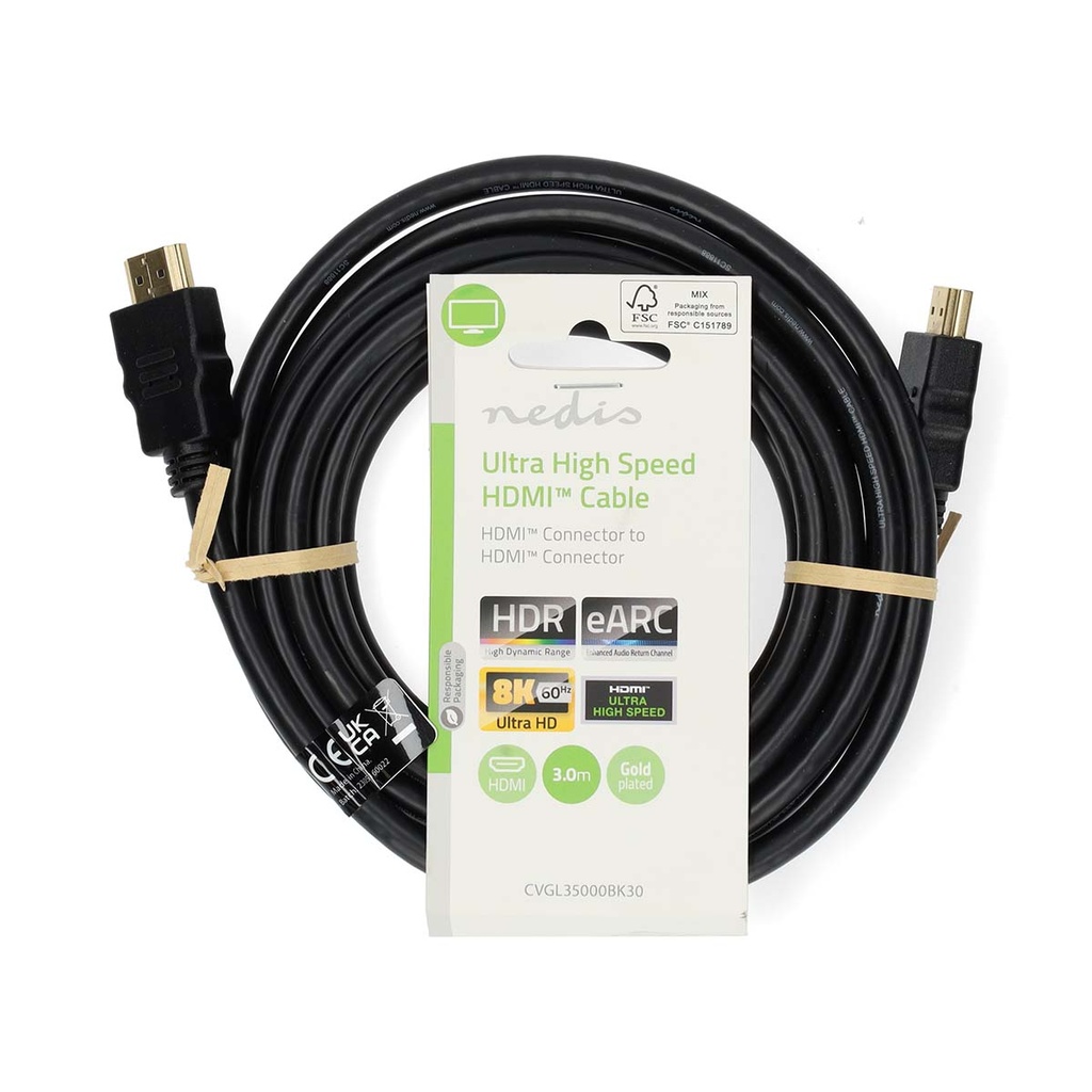 Nedis CVGL35000BK30 Ultra High Speed ​​HDMI™-Kabel | HDMI™ Connector | HDMI™ Connector | 8K@60Hz | 48 Gbps | 3.00 m | Rond | 6.7 mm | Zwart | Label