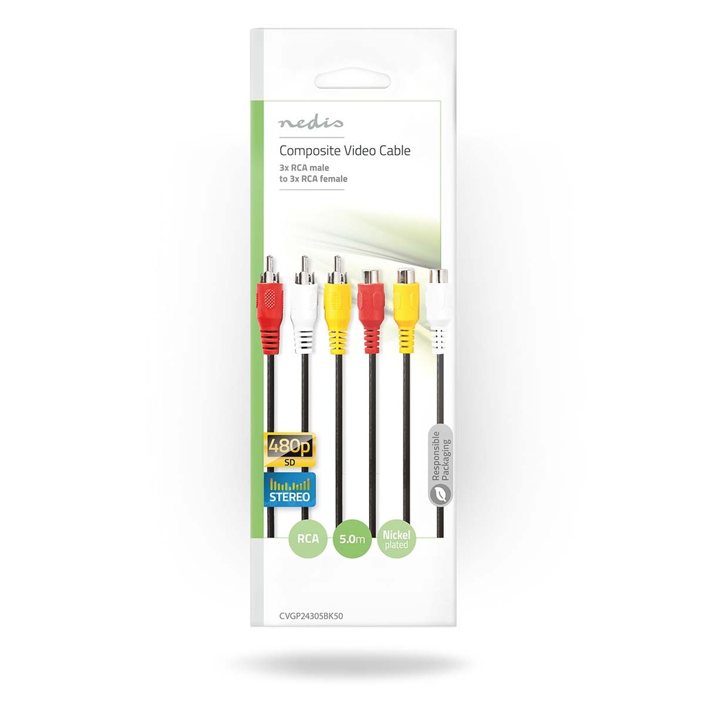 Nedis CVGP24305BK50 Composiet Videokabel 3x RCA - 3x RCA Vrouwelijk Vernikkeld 480p 5m Zwart 