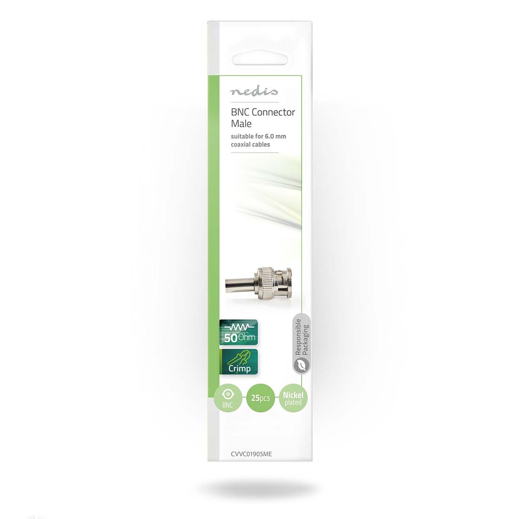 Nedis CVVC01903ME BNC-Connector Vernikkeld 50 Ohm Twist-On Diameter kabelinvoer: 5.0mm Zilver 25 Stuks