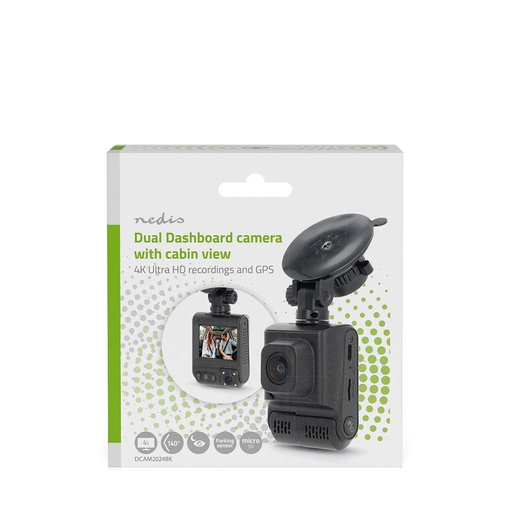 Nedis DCAM2024BK Dash Cam | 4K@30fps | 12 MPixel | 2 " | Wi-Fi | LCD | Tweevoudige camera | Cabinezichtcamera | GPS-ondersteuning | Parkeer sensor | Bewegingsdetectie | Nachtzicht | Zwart