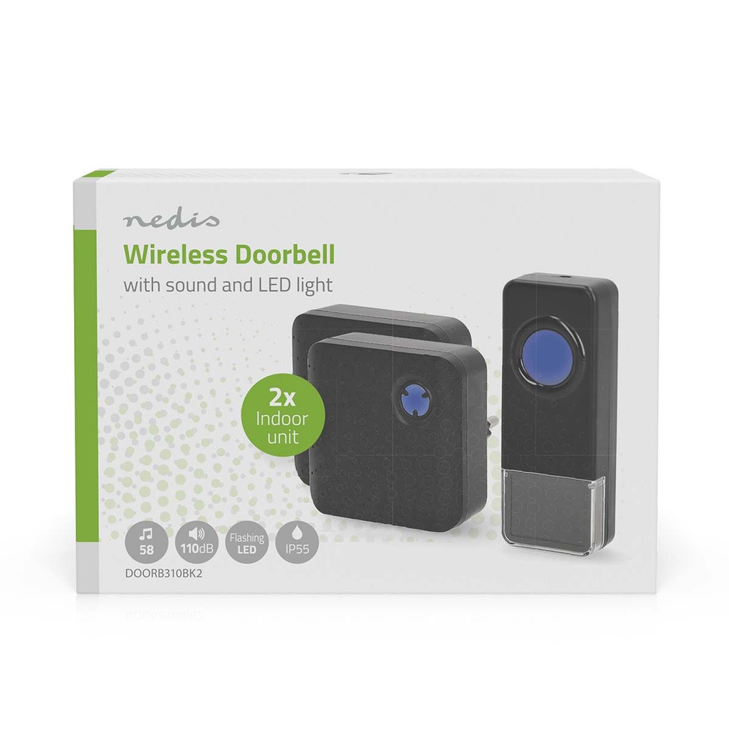 Nedis DOORB310BK2 Draadloze Deurbelset Netvoeding 110 dB 150 m IP55 2 Ontvangers Zwart