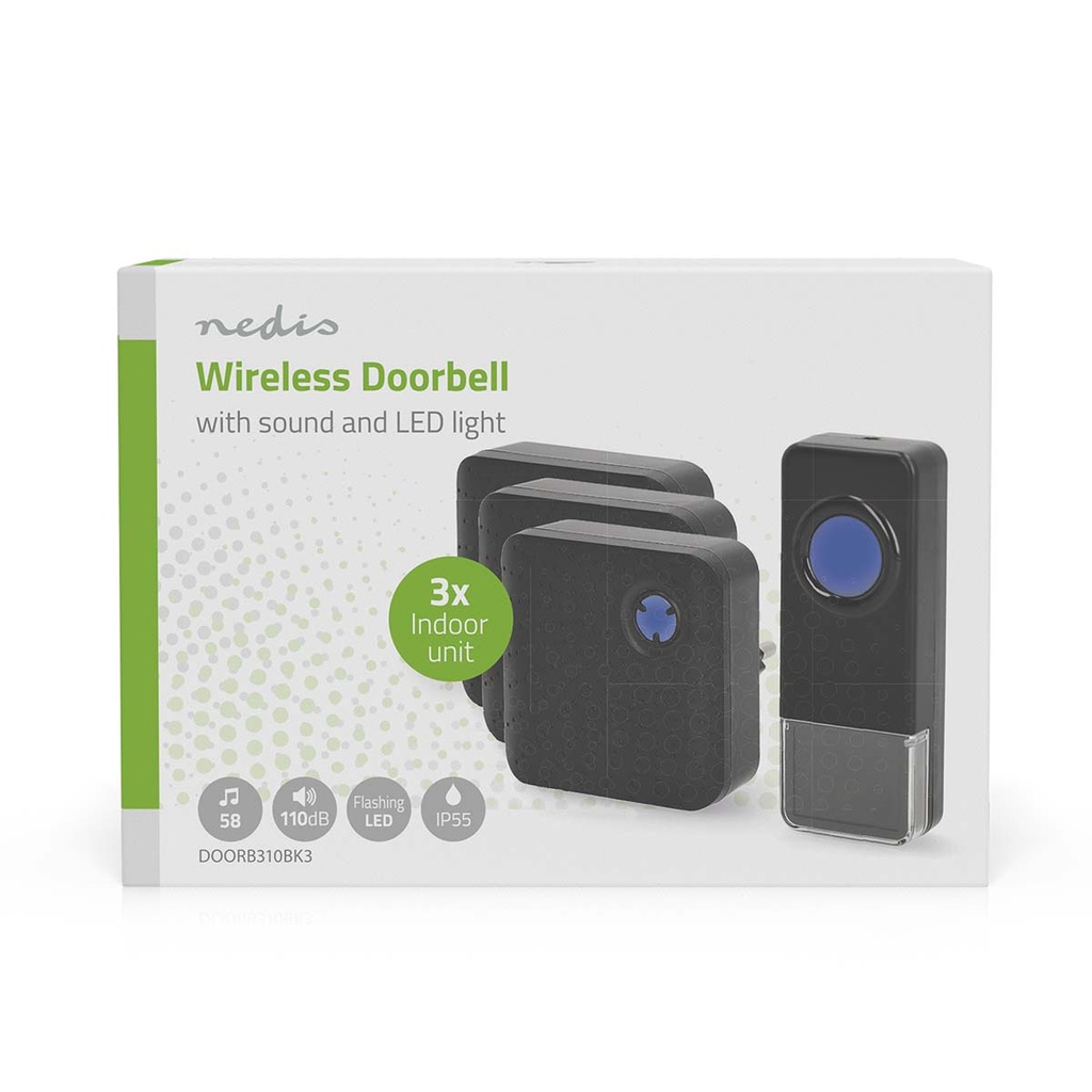 Nedis DOORB310BK3 Draadloze Deurbelset Netvoeding 110 dB 150 m IP55 3 Ontvangers Zwart