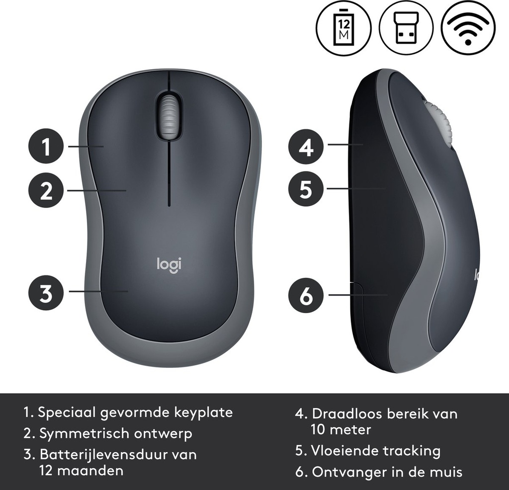 Logitech Draadloze muis M185 1000DPi Grijs