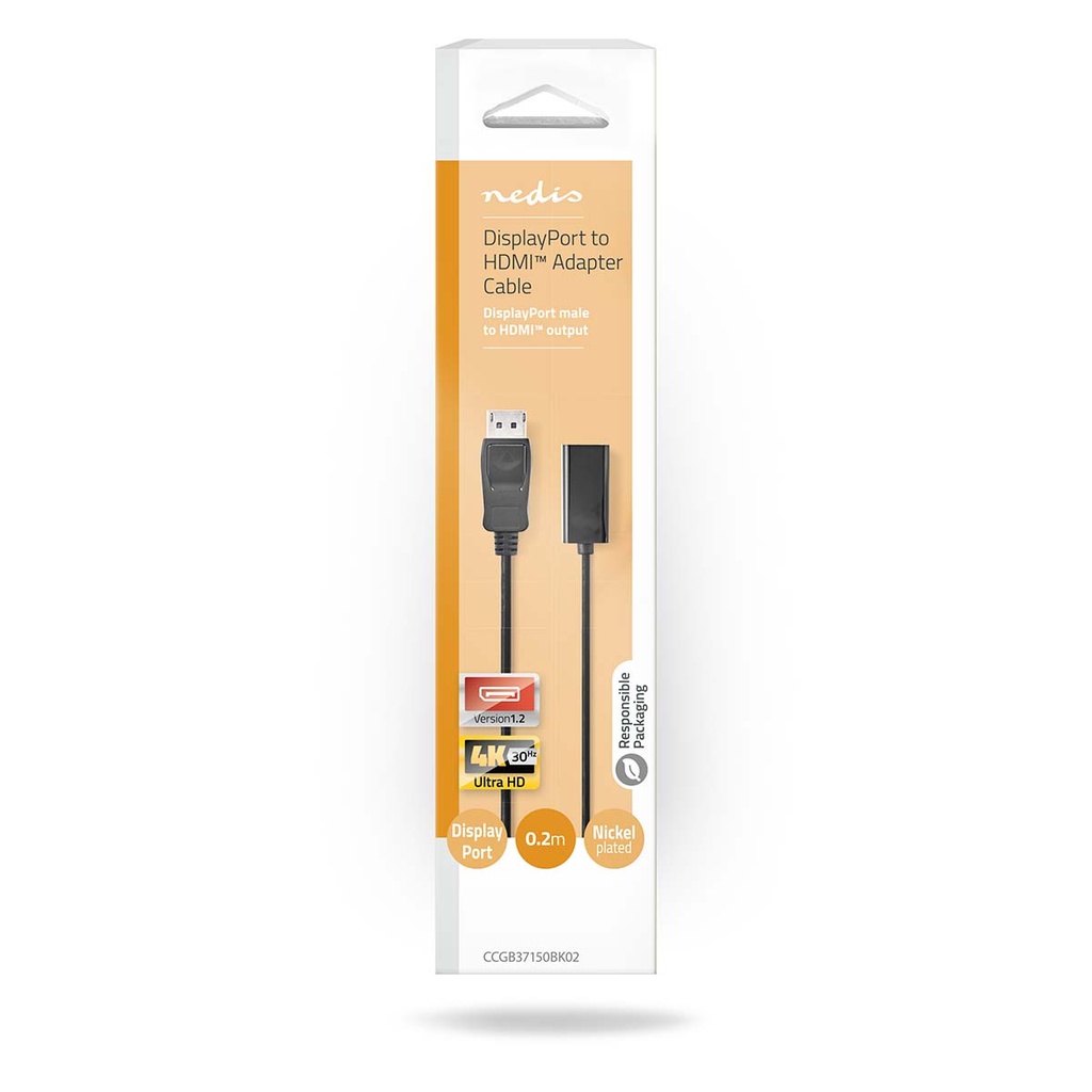 Nedis CCGB37150BK02 DisplayPort 1.2-Kabel Mannelijk-Vrouwelijk 20cm Zwart