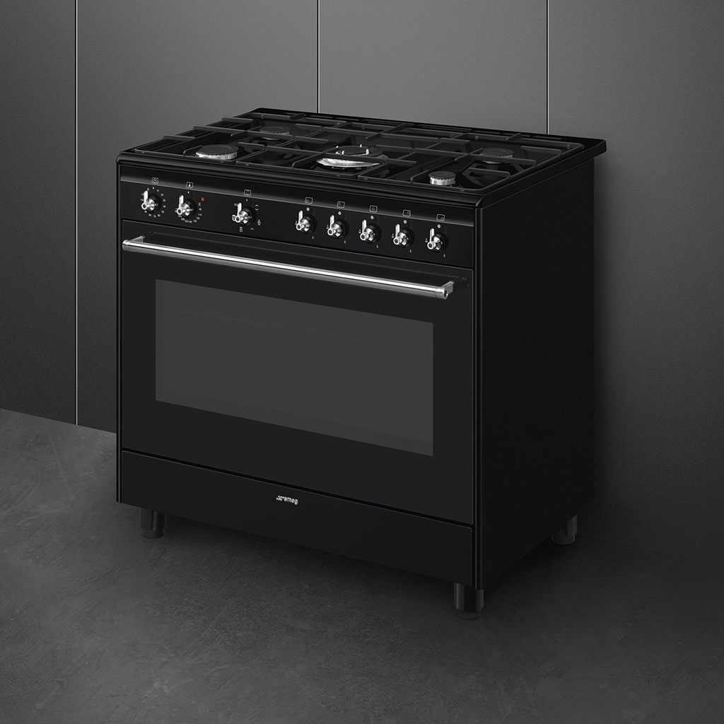 Smeg CX91GMBL Fornuis gas 90cm Zwart