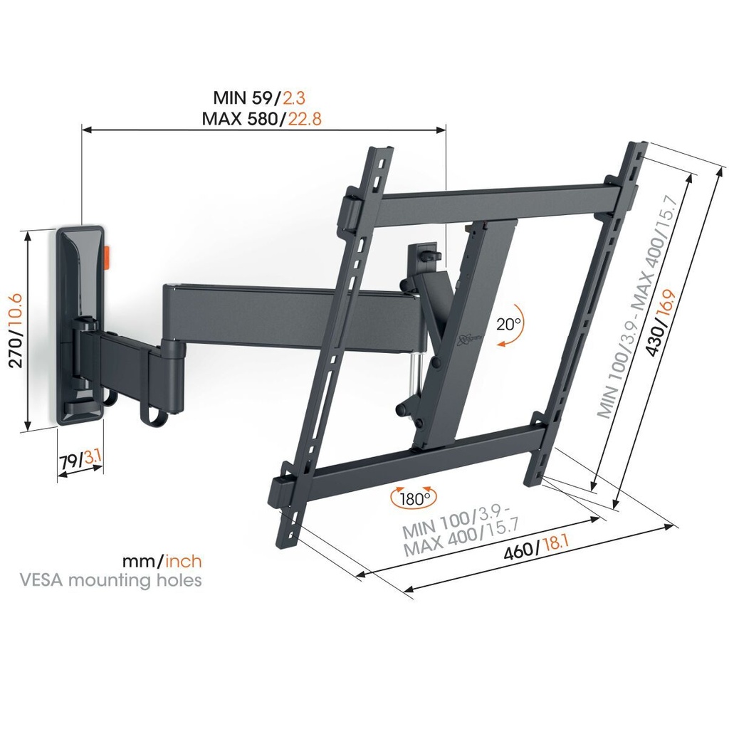 Vogel's TVM 3445 Draai- en kantelbare tv-beugel 32-65" 25kg VESA 400x400 58cm arm Zwart