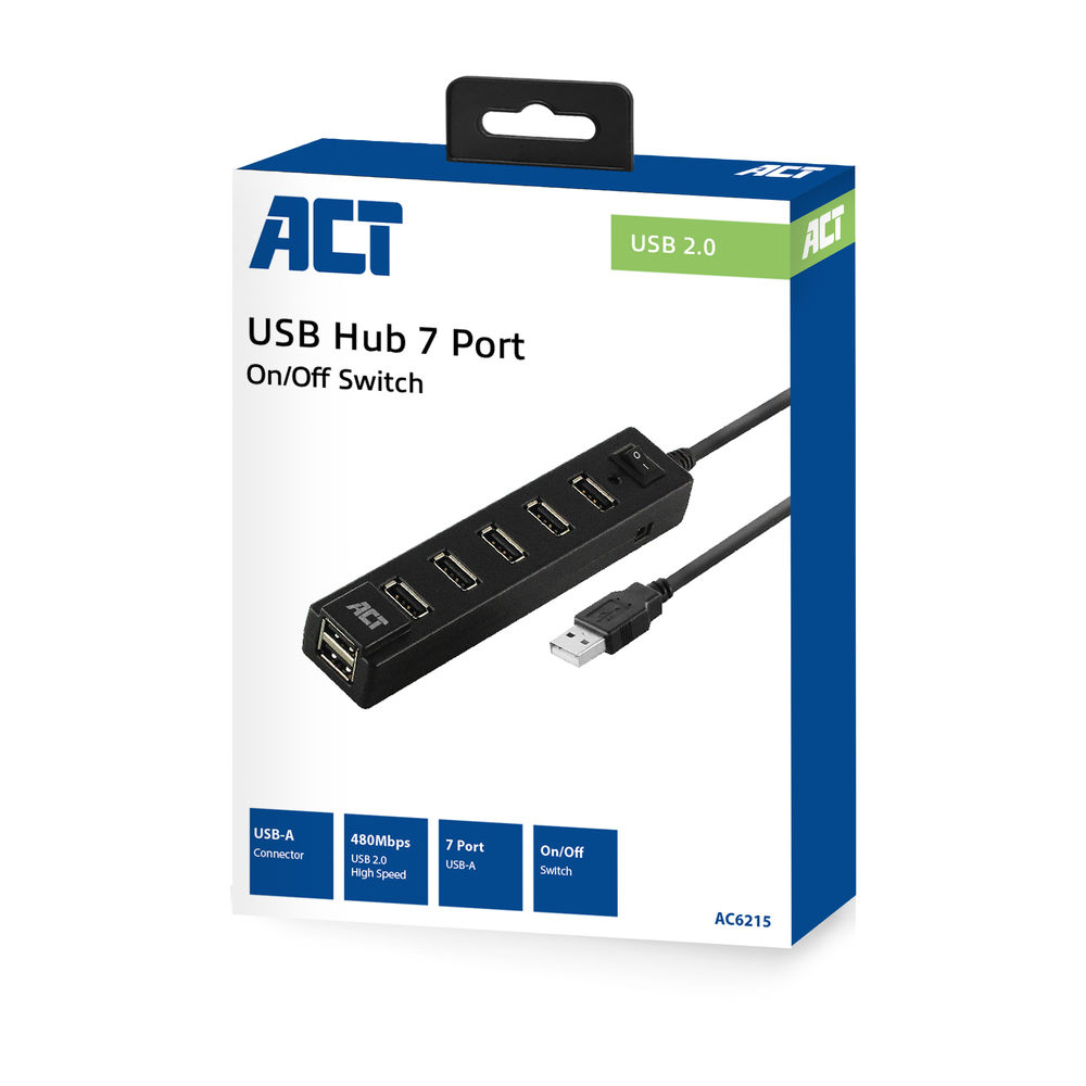 ACT USB Hub 2.0, 7x USB-A, aan- en uit schakelaar, zwart