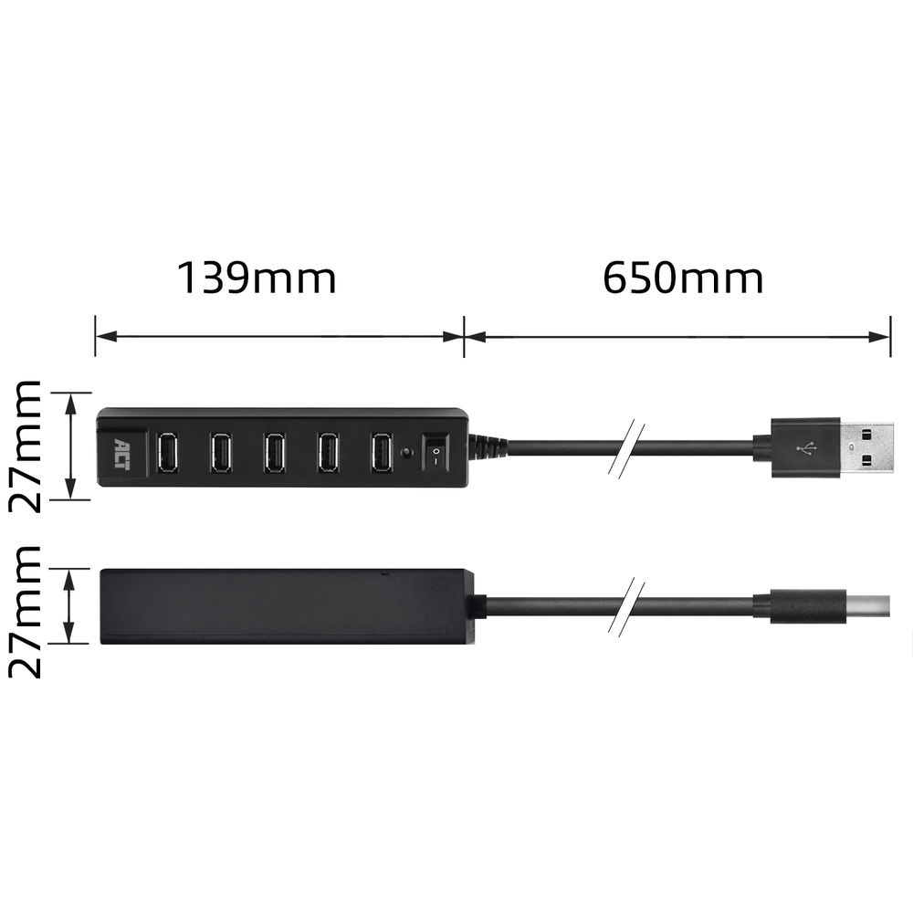 ACT USB Hub 2.0, 7x USB-A, aan- en uit schakelaar, zwart