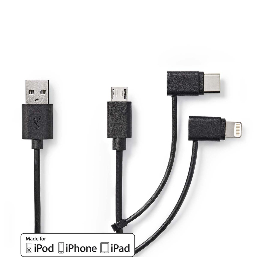 Nedis CCGL60620BK10 3-in-1 USB 2.0 Cable USB-A - Lightning / USB Micro-B / USB-C 480 Mbps 1m Black