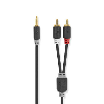 Câble audio stéréo Nedis CABW22200AT20, jack 3,5 mm, 2x RCA, plaqué or, 2 m, noir