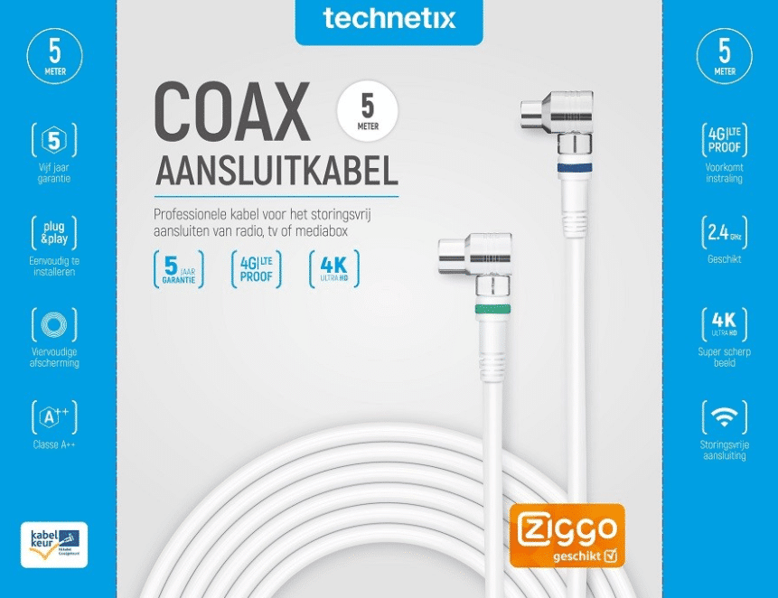 technetix - coaxkabel male - female haaks 90â° 5 m wit/zilver