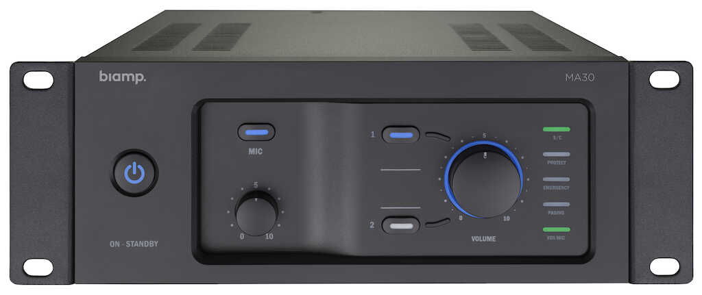 Biamp MA30 9.5" mixing amplifier 70 - 100 volt / 30 watts, 1 mic/line input, 2 stereo line inputs, left to right 4 level priority system, emergency in, paging mic with chime, 24v override output