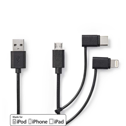 [CCGL60620BK10] Nedis CCGL60620BK10 3-in-1 USB 2.0 Cable USB-A - Lightning / USB Micro-B / USB-C 480 Mbps 1m Black