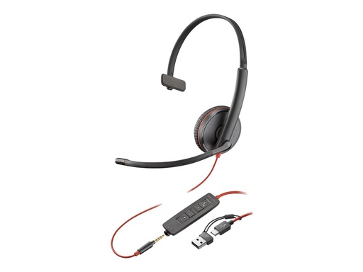 [8X227A6] Poly 8X227A6 Blackwire 3215 Bekabelde headset USB-A/USB-C/3.5mm Jack Zwart