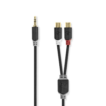 [CABW22250AT02] Câble audio stéréo Nedis CABW22250AT02, jack 3,5 mm mâle - 2x RCA femelles, plaqué or, 20 cm, noir