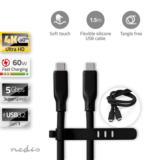 [CCGB64800BK15] Câble USB 3.2 Gen 1 Nedis CCGB64800BK15 USB-C 60 W 8K à 30 Hz 5 Gbit/s nickelé 1,50 m Noir