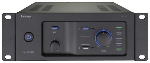 [912.0661.900] Biamp MA30 9.5" mixing amplifier 70 - 100 volt / 30 watts, 1 mic/line input, 2 stereo line inputs, left to right 4 level priority system, emergency in, paging mic with chime, 24v override output
